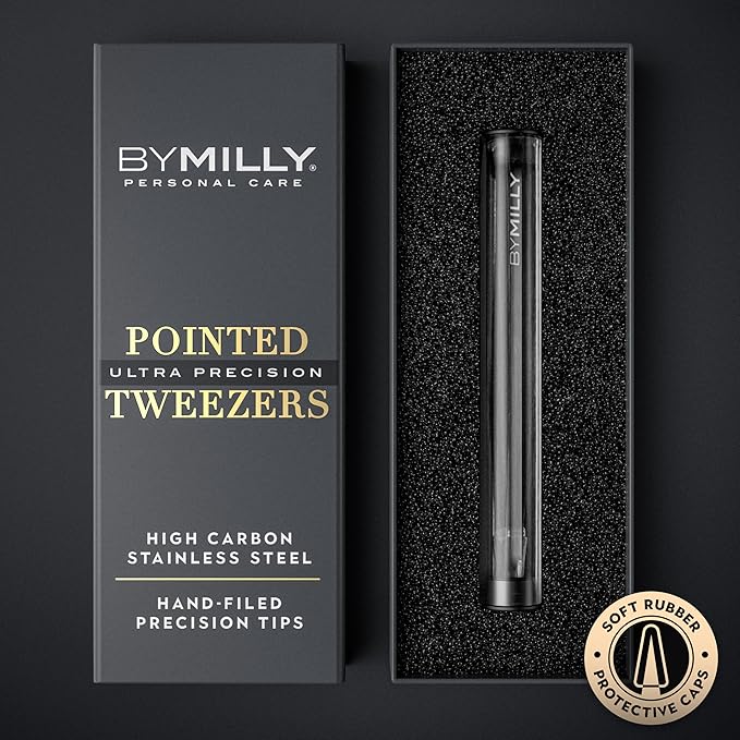 Pointed Tweezers | High Carbon Stainless Steel Needle Nose | Fine Point Precision Hair Removal | Perfectly Aligned & Hand-Filed Sharp | Black