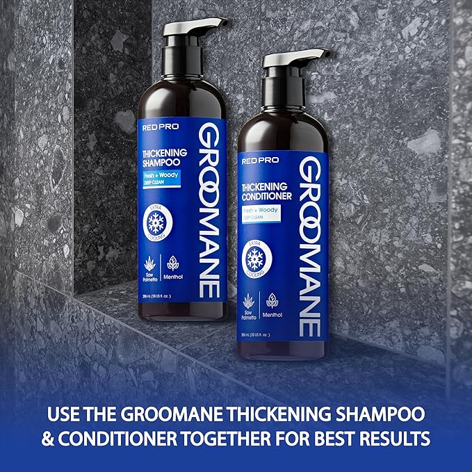 RED Pro GROOMANE Men Hair Conditioner with Biotin & Caffeine, Thickening, Anti-Hair-Loss Care, Moisturizes Scalp, Strengthen, Menthol Cooling, Sulfate- & Paraben-Free, Fuller-Looking Hair