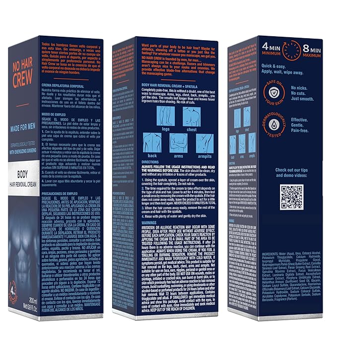 No Hair Crew Body At Home Hair Removal Cream for Manscaping Unwanted Hair with Energizing Ginseng, Premium Depilatory, Painless & Flawless, Made for Men, 200ml