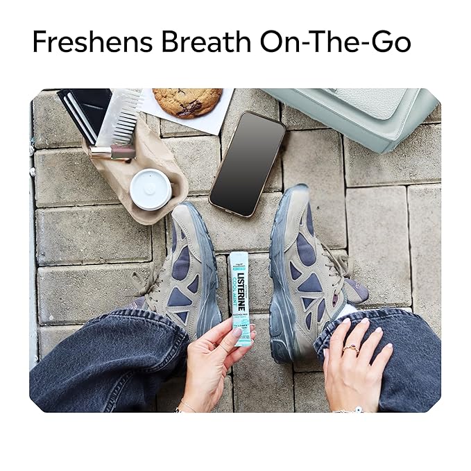 Listerine On-The-Go Cool Mint Alcohol Free Mouthwash Packets, Oral Rinse in Individual Packets Kills Bad Breath Germs, Less Intense Taste, Cool Mint Flavor, Mini Travel Size, 0.33 fl oz. Pack of 5