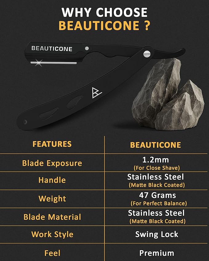 BEAUTICONE Straight Razors for Men, Straight Edge Razor, Single Blade, Stainless Steel, Barber Razor for Men's Shaving, Barber Shaving Knife, Swinglock