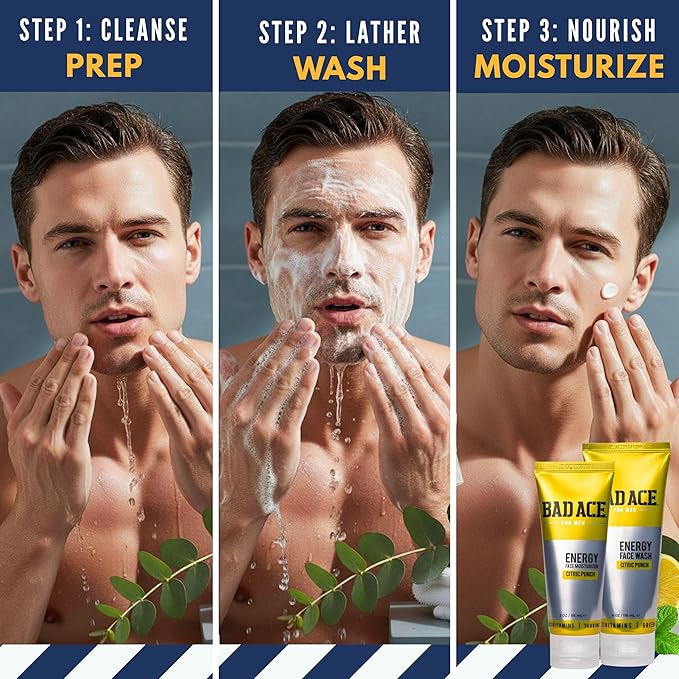 BAD ACE Energy Daily Face Wash | Korean Skin Care Formula Mens Face Wash for Dry Skin, Sensitive, Acne-Prone | Facial Cleanser for Men with Vitamins, Citric Punch, 4 Oz