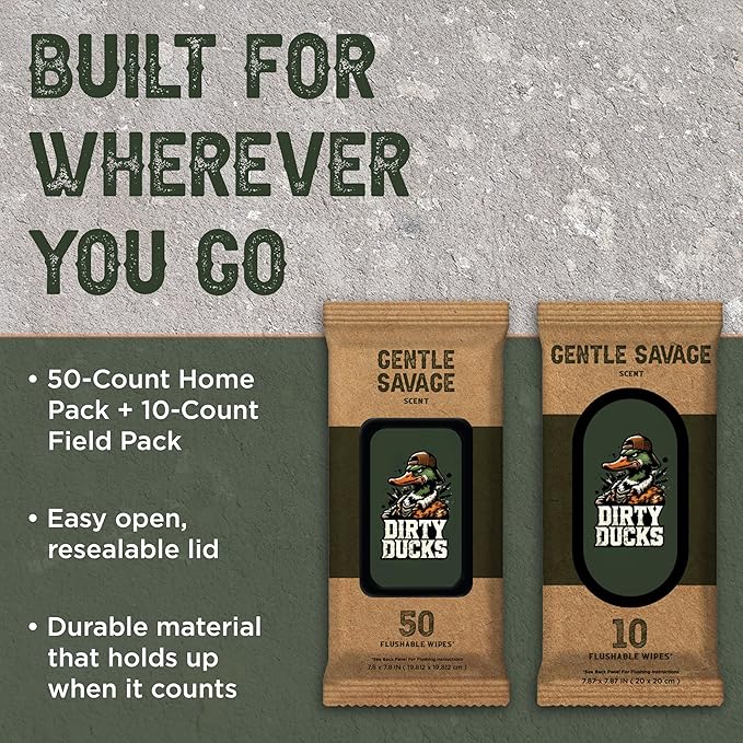 Dirty Duck On The Go Flushable Wipes – Premium Flushable Wet Wipes for Men & Women, Odor-Neutralizing & Cruelty-Free, Ideal for Hunting, Camping, Bathrooms & Travel, 10 Pack, 10 Count Each