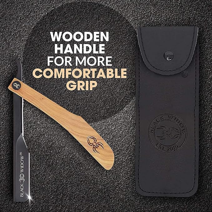 Black Widow Straight Razors for Men - Professional Barber Straight Edge Razor Kit with 10 Blades, Wooden Stainless Steel Barbero Shaver for a Smooth & Premium Barber Razor for Men's Shaving