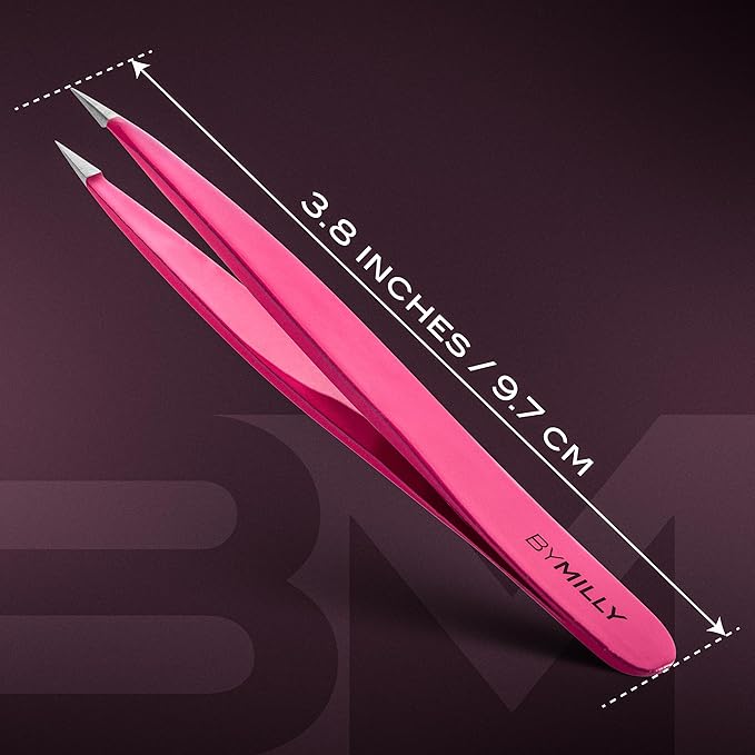 Pointed Tweezers | High Carbon Stainless Steel Needle Nose | Fine Point Precision Hair Removal | Perfectly Aligned & Hand-Filed Sharp | Pink
