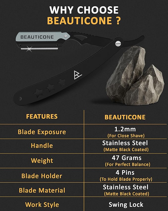 BEAUTICONE Straight Razors for Men, Straight Edge Razor, 100 Single Edge Blades, Stainless Steel, Barber Razor for Men's Shaving, Barber Shaving Knife, Swinglock