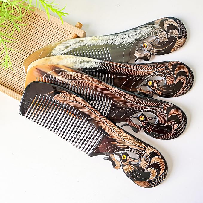 Symbol of Virtue and Grace, Natural Buffalo Horn Comb, Bone Ox Horn Anti Static for Hair, Horn Combs for Women Christmas's Gift (Phoenix)