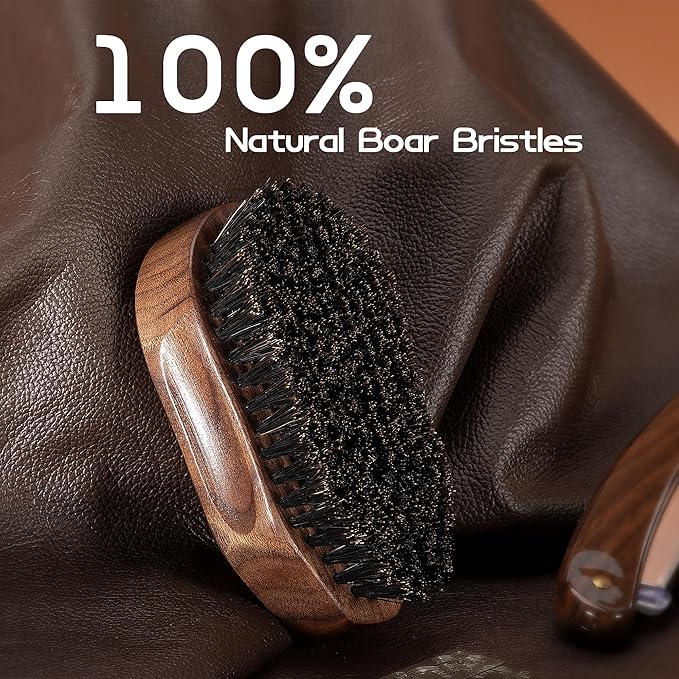 Boar Bristle Beard Brush for Men, 4.2-Inch Black Walnut Wood Handle Military Style, Men's Natural Wooden Boar Bristles Mustache Brush