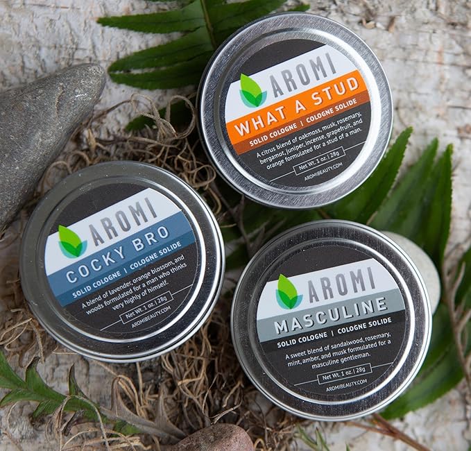 Aromi Solid Cologne for Men | Sweet Musky Fragrance, Powdery Scent, Wax-Based, Travel, Sandalwood, Small Men's Gift (Masculine)