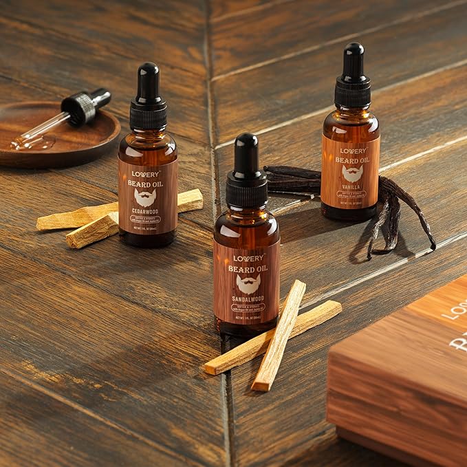 LOVERY (5 Pack Beard Oil for Men, Natural Mens Beard Oil Kit Variety Set - Sandalwood, Vanilla, Cedarwood, Pine, Unscented, W Argan & Jojoba Oil, Mens Beard Softener Grooming Gifts for Him