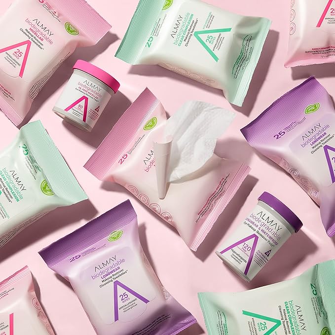 Almay Makeup Remover Cleansing Towelettes, Biodegradable Micellar Water Wipes for Sensitive Skin, Hypoallergenic, Cruelty- & Fragrance-Free, 25 Count