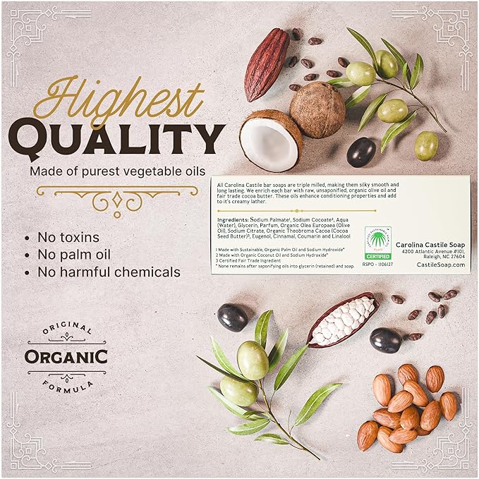 Body Wash Castile Soap Bar for Sensitive Skin – Long Lasting Natural Bar Soap for Men w/Olive Oil and Cocoa Butter - Vegan Tobacco Vanilla Scented by Carolina Castile, 5 oz Each