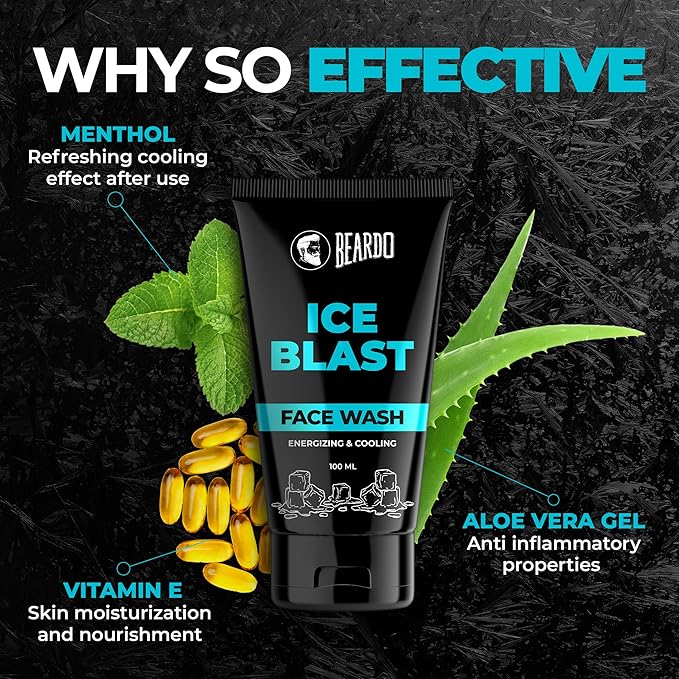BEARDO Ice Blast Cooling Facewash for Men, 100 ml | INSTANT Icy freshness | Aloe Vera Face wash, Vitamin E & Menthol for cool lock technology | Refreshing & Hydrating facewash