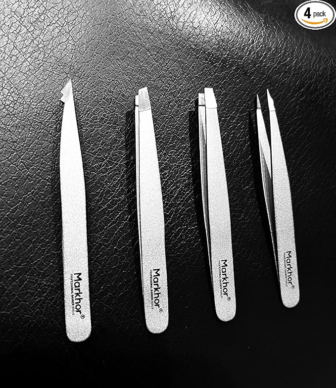 MARKHOR® Sparkle Silver Eyebrow Tweezers for Women Facial Hair, Splinter and Ingrown Hair Removal Tweezers Set, Professional Pointed and Slant Tweezers for Eyebrows, Precision Tweezers for Eyebrows