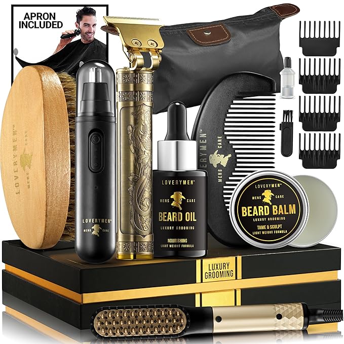 Gifts for Men Who Have Everything, Valentines Day Gifts for Him, Grooming Beard Kit, Beard Trimmer, Nose Hair Trimmer, Hair Straightener Brush, Oil, Balm & More, 15pc Men Care Kit Dad, Birthday Gift