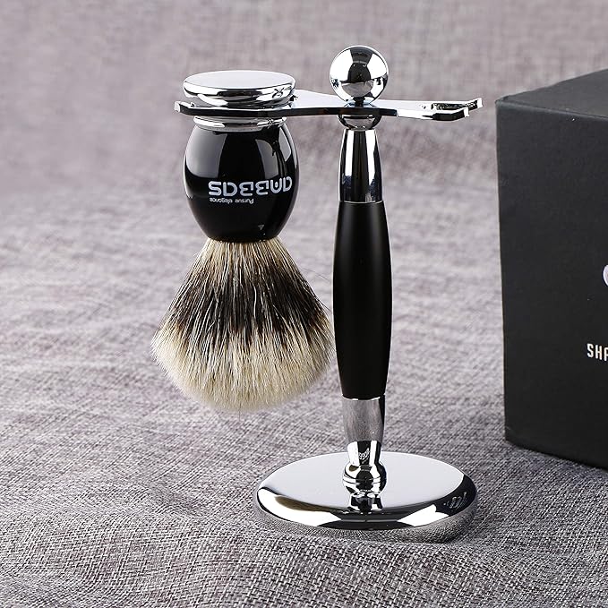Anbbas Shaving Brush and Stand,Silvertip Badger Hair Brush Black Resin Alloy Handle with Stainless Steel Shaving Stand for Double Edge Safety Razor Straight Razor for Men