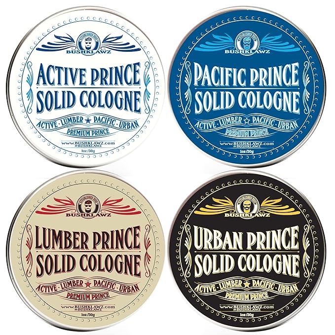 BushKlawz Pacific Prince Solid Cologne 1 oz Full Size Alcohol Free Natural Concentrated Travel Friendly Tins Men's Fragrance Manly Scents to Satisfy all Types of Viking Cannon Black Prime