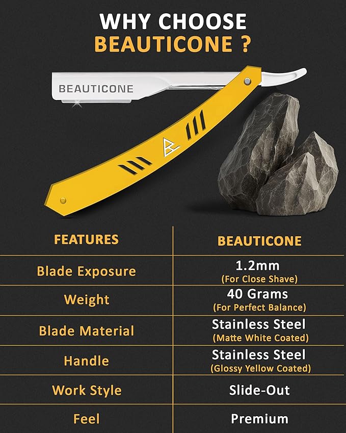 BEAUTICONE Straight Razors for Men, Straight Edge Razor, 100 Single Edge Blades, Stainless Steel, Barber Razor for Men's Shaving, Barber Shaving Knife