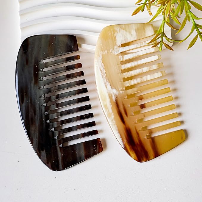 Natural Buffalo Horn Wide Tooth Comb, Ox Horn Anti Static, Buffalo Horn Wide Bone, Pocket and Travel Comb Size for Thick Curly Wavy Hair For Wet and Dry (Wide Comb)