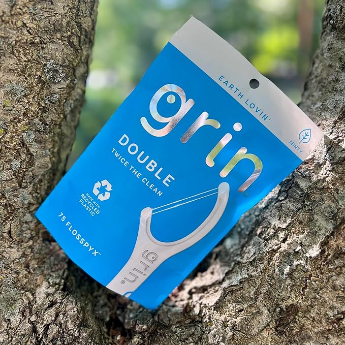 GRIN Double Flosspyx, Floss Picks, 75 Count, Dental Flossers, Minty Flavor, Recycled Plastic, 2 Lines of Strong Floss, Longer Floss Head, Traps Food and Plaque, Includes Safe Soft Fold-Back Tooth Pick