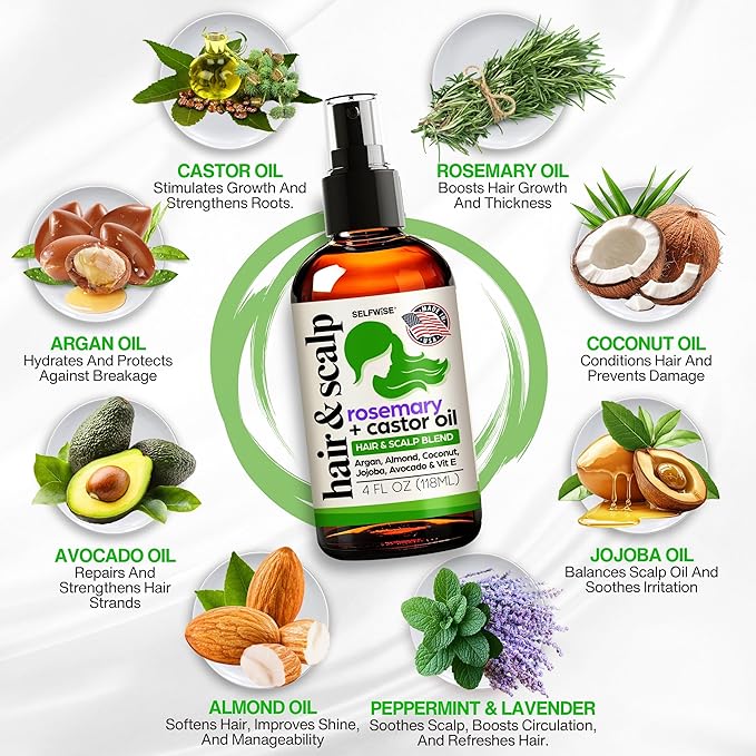 Organic Rosemary Oil For Hair Growth with Castor, Argan, Coconut, Almond, Jojoba, Avocado, Grapeseed, Vitamin E, Lavender & Peppermint for Hair & Scalp Treatment, All Hair Types, Men & Women 4oz