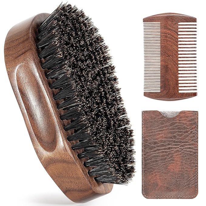 3PCS Beard Brush Comb Set for Men, Black Walnut Wood Dual Beard Comb & Case, Men's Natural Wooden Mustache Brush