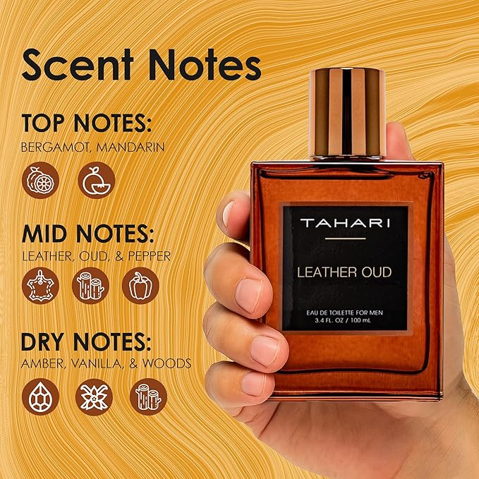TAHARI Leather Oud Eau de Toilette for Men – Long-Lasting Luxury Cologne Spray with Bergamot, Leather & Amber Scent – Bold, Masculine, Sophisticated Oud Fragrance Spray 3.4 fl oz / 100 mL