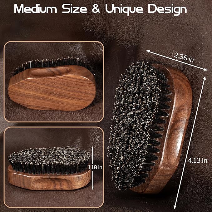 Boar Bristle Beard Brush for Men, 4.2-Inch Black Walnut Wood Handle Military Style, Men's Natural Wooden Boar Bristles Mustache Brush