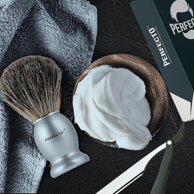 Perfecto 100% Original Pure Badger Shaving Brush, Engineered for The Best Gift For Him. All Methods, Safety Razor, Double Edge Razor, Straight Razor, Shaving Razor, Gift for Men
