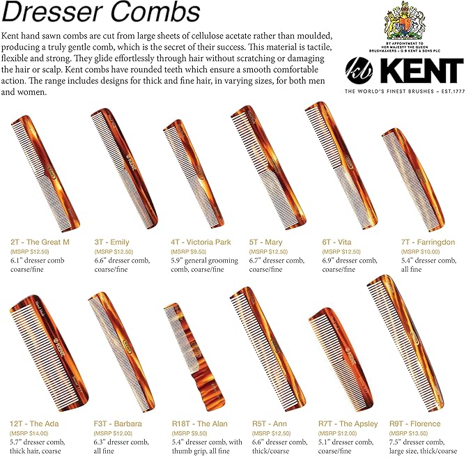 Kent R5T Wide Tooth Comb Detangling Comb, Wide Teeth Dressing Table Beard Combs Men for Thick Curly Wavy Hair, Hair Detangler Combs for Grooming Styling Beard and Mustache