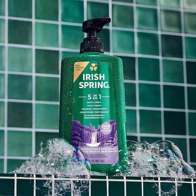 Irish Spring 5 in 1 Moisturizing Body Wash for Men, Shampoo, Conditioner, Body and Face Wash, and 24 Hour Deodorizer, Paraben-Free, Fresh Eucalyptus & Bergamot Scent, 20 fl oz