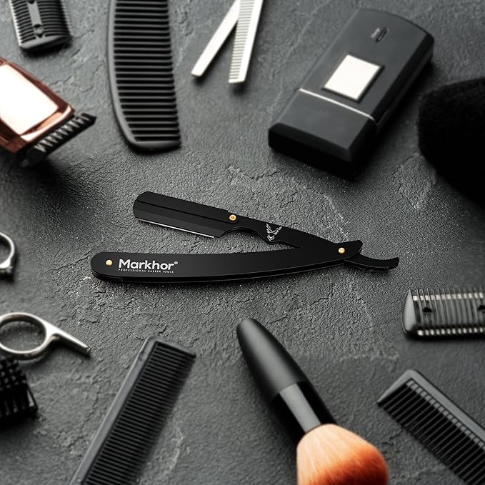 Markhor® Straight Razors for Men with 100 Single Edge Razor Blades | Matte Black Barber Straight Razor | Straight Edge Razor | Barber Razor Blade | Navajas Para Barbero