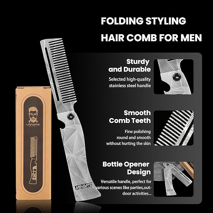 Men's Metal Folding Pocket Beard & Mustache Comb, EDC Knife Comb with Bottle Opener for Outdool Travel - Anti-Static for Hair Styling Pompadour, Slicked-back, Fauxhawk, Undercut