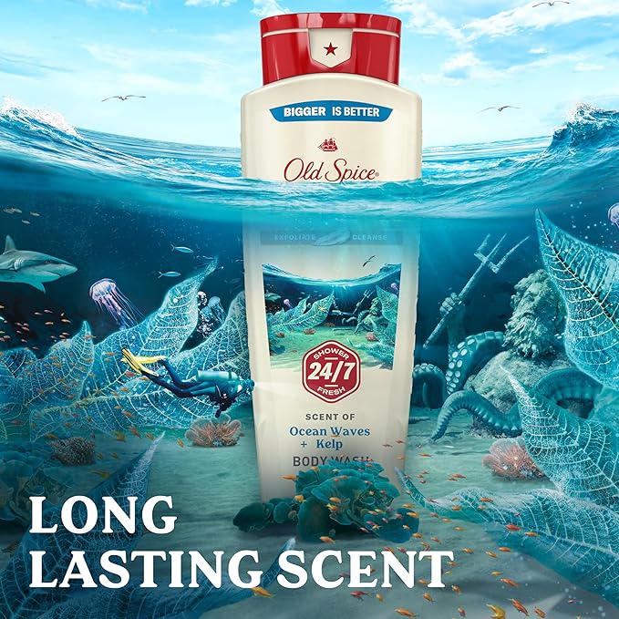 Old Spice Cleansing Body Wash for Men, 24/7 Shower Fresh with Lasting Scent, Exfoliate & Cleanse, Gentle on Skin, Vitamin B3, Deep Sea with Ocean Waves + Kelp Scent, 18 oz (Pack of 4)