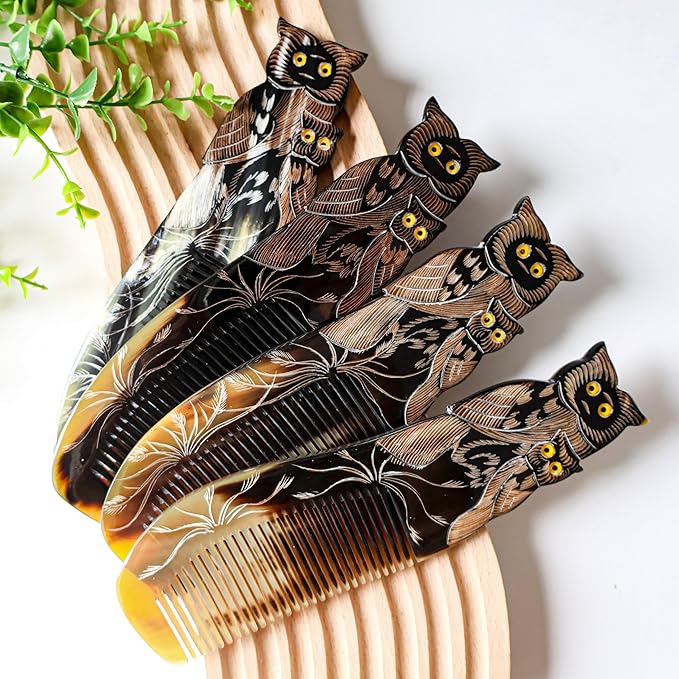 Symbol of LUCK & Knowledge, Natural Buffalo Horn Comb, Ox Horn Comb Anti-Static, Luxury Double Pigeon, Buffalo Horn Hair Comb for Anti Static Massage (Owl)