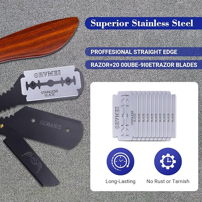 Straight Edge Barber Razor - Professional Stainless Steel Shaver with Shaving Strop for Men's Home & Salon Grooming (Black)