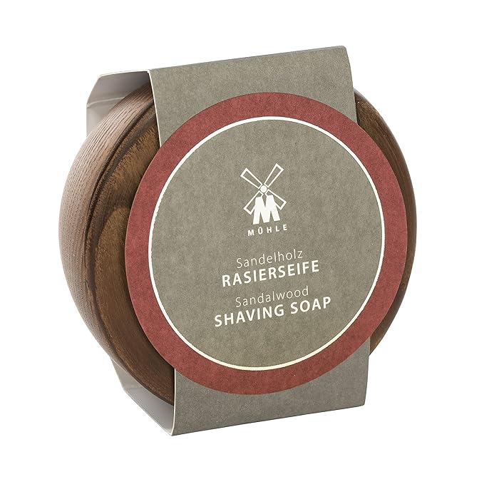 MÜHLE Wooden Bowl with Shaving Soap | Sandalwood | 65 Grams | Shave Soap for Men | Steamed Ash Shaving Bowl | Rich & Light Soap Formula | Nurturing Shave Soap Lather