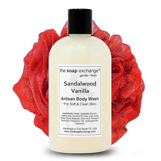 The Soap Exchange Body Wash - Sandalwood Vanilla Scent - Hand Crafted 12 fl oz / 354 ml Natural Artisan Liquid Soap for Hand, Face & Body, Shower Gel, Cleanse, Moisturize, & Protect. Made in USA.