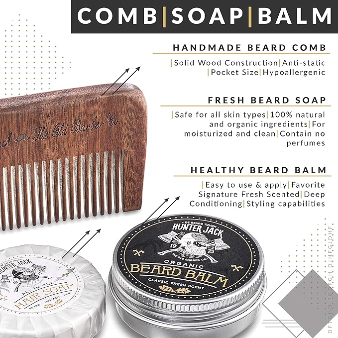Hunter Jack Beard Kit for Men - Sandalwood Beard Comb, Beard Soap, and Beard Balm - Fine Tooth Mustache Comb - Mens Beard Kit for Care and Grooming in Premium Gift Box
