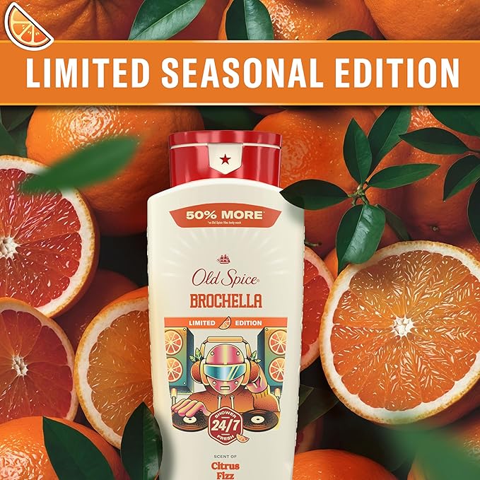 Old Spice Body Wash for Men, Summerdudes, 24/7 Shower Fresh with Daily Use, Long Lasting Scent, Cleanse & Refresh Skin, VIP Festival Experience, Brochella with Citrus Fizz Scent, 24 oz