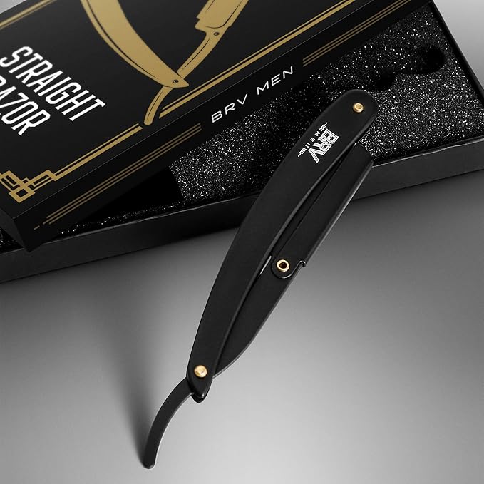 BRV MEN Professional Straight Edge Barber Razor w/ 100 Single Edge Razor Blades | Straight Razors for Men | Barbershop Accessories | Mens Shaving Knife & Shavette - Black