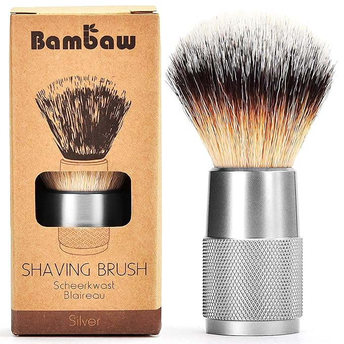 Bambaw - Shaving Brush Vegan | Silver | Ingrown Hair and Razor Bumps Treatment| Durable Shaving Brush Metal Handle| Shaving Brushes for Men and Women | Waste Free Synthetic Hair Brush