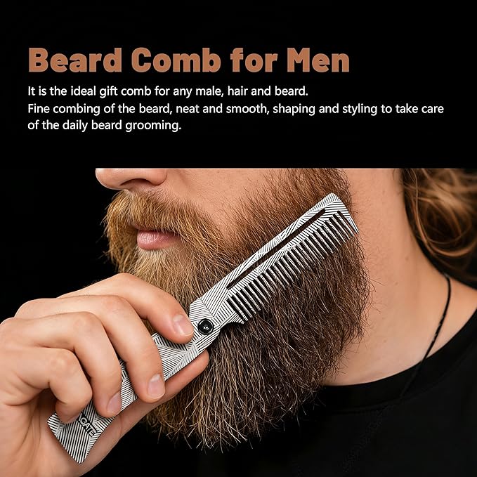 Men's Metal Folding Pocket Beard & Mustache Comb, EDC Knife Comb with Bottle Opener for Outdool Travel - Anti-Static for Hair Styling Pompadour, Slicked-back, Fauxhawk, Undercut