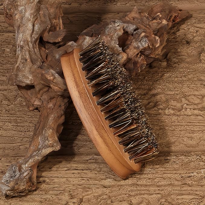 Pocket Mustache Brush and Travel Brush - Wooden Boar Bristle Beard Brush for Men with Small Metal Beard Comb, Perfect for Home and Travel Use - Samll