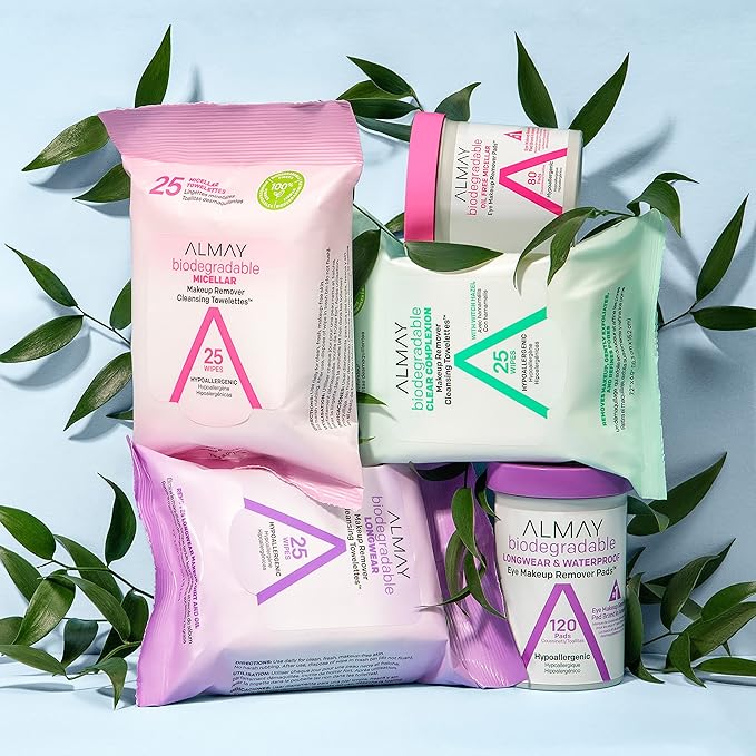 Almay Makeup Remover Cleansing Towelettes, Biodegradable Clear Complexion Wipes for Oily and Acne Prone Skin, Hypoallergenic, Cruelty Free, Fragrance Free, 25 Count (Pack of 2)