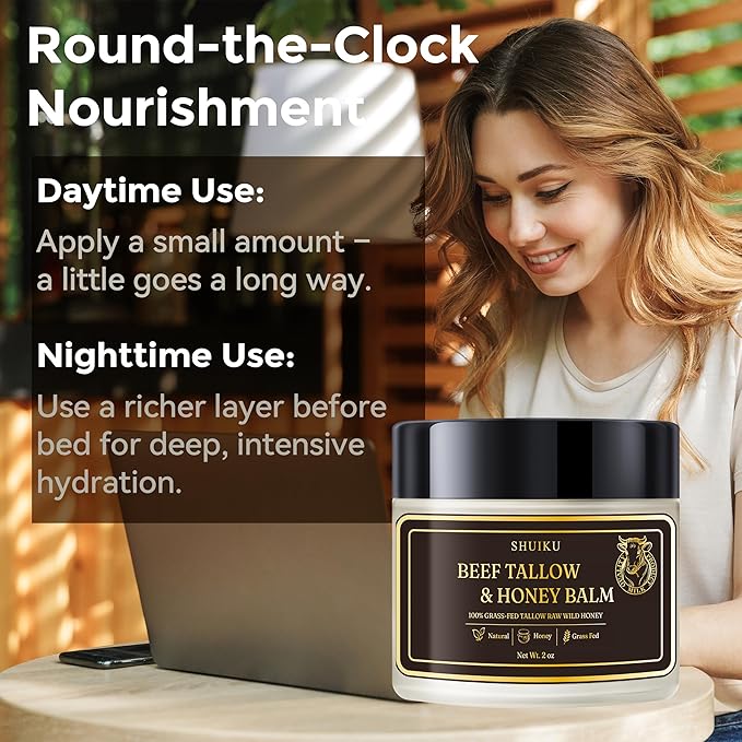 Beef Tallow and Honey Balm for Face, All-Natural Tallow and Balm for Face & Body, Grass-Fed Tallow with Raw Wild Honey, Ultra-Hydrating Moisturizer for Men and Women