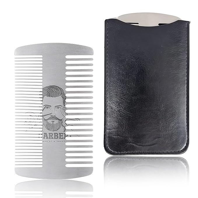 Metal Beard Mustache Comb for Men - Anti-Static Dual Action - Credit Card Size Stainless Steel EDC Comb, Lice Wallet Pocket, Fine Cutting Teasing Barber Hair Styling - Silver