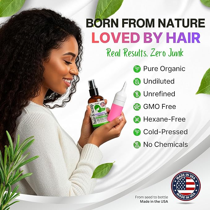 Organic Rosemary Oil For Hair Growth + Applicator with Castor, Argan, Coconut, Almond, Jojoba, Avocado, Vitamin E & Peppermint for Hair & Scalp Treatment, All Hair Types, Men & Women 2oz