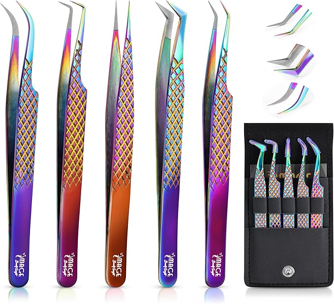 5 Pcs Fiber-Tip Japanese Steel Lash Tweezer Set with Leather Case, Professional Eyelash Tweezers for Lash Extensions – Titanium Coated, 90 & 45 Angled, Precision Pointed Tweezers (Rainbow Color)