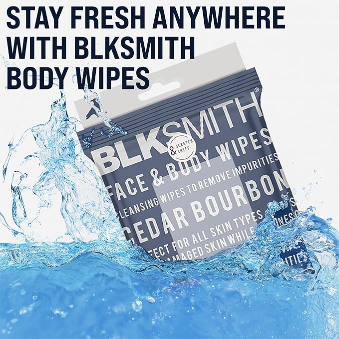 BLKSMITH Face & Body Wipes for Men - Travel Face & Body Wipes - Total 60 - Leather & Oak & Cedar Bourbon, Cool Gifts for Men 30x2 Wipe - Ideal for Gym, Office, or Outdoors, 2 Pack